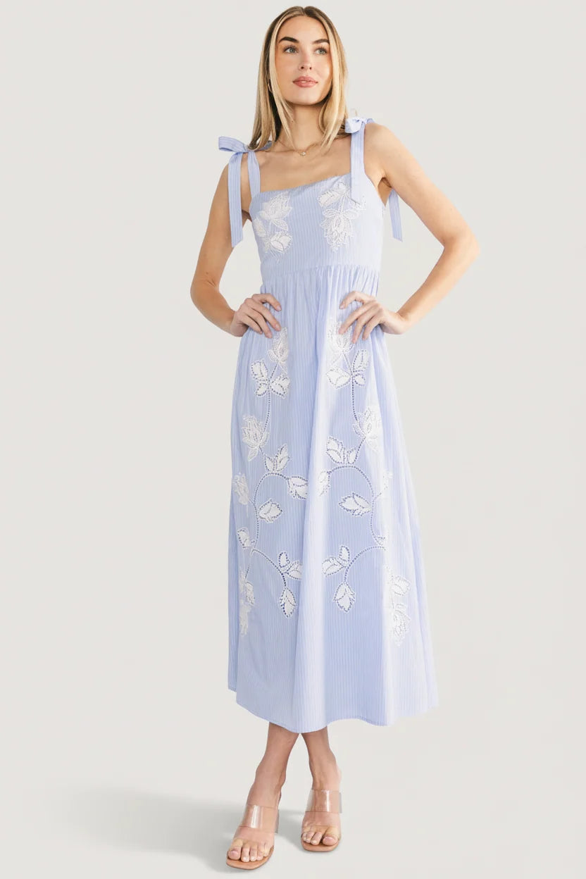 Enora Embroidered Maxi Dress | Blue + White Floral Main image