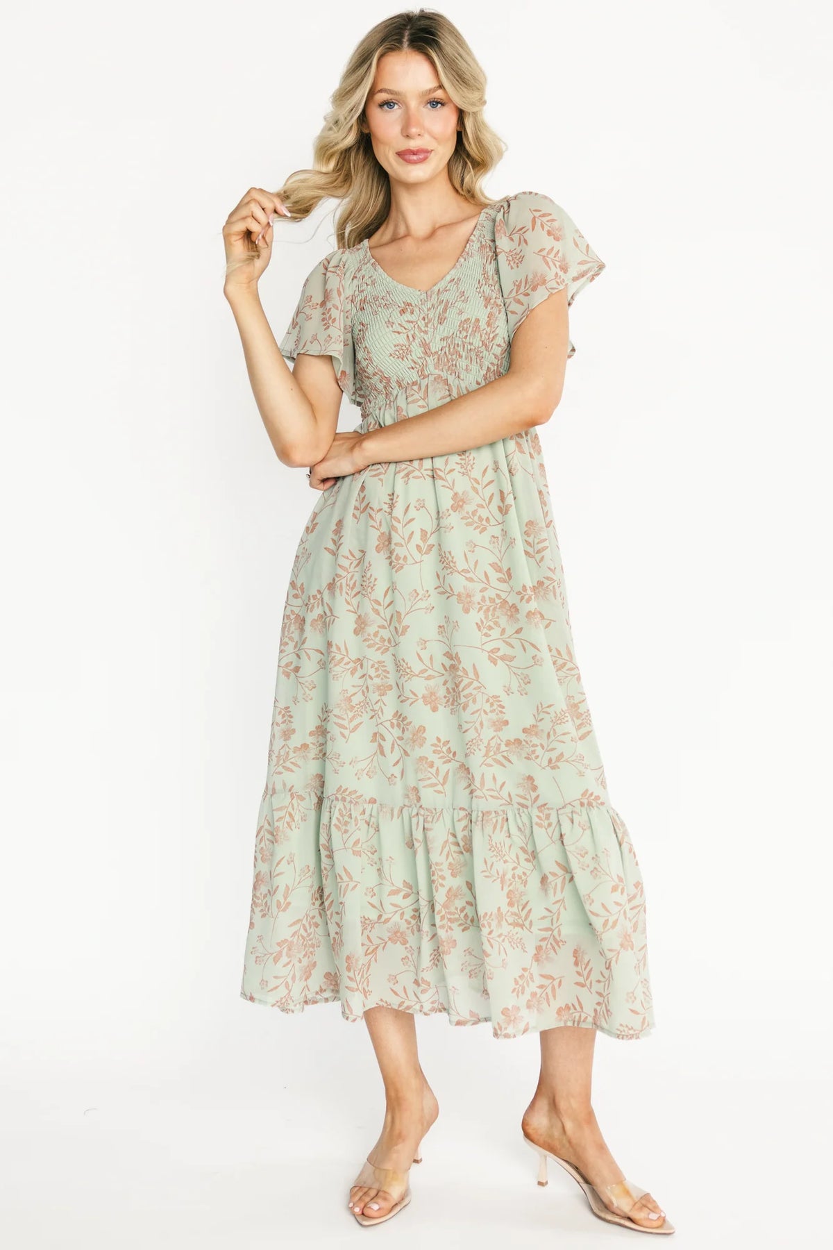 Monica Smocked Dress | Dusty Sage + Terracotta Main image
