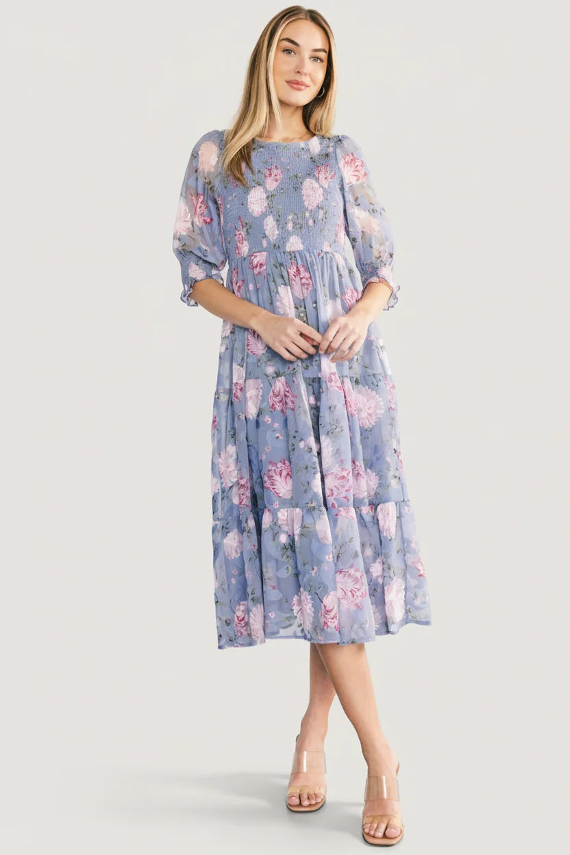 Nellie Smocked Midi Dress | Dusty Blue Floral Main image