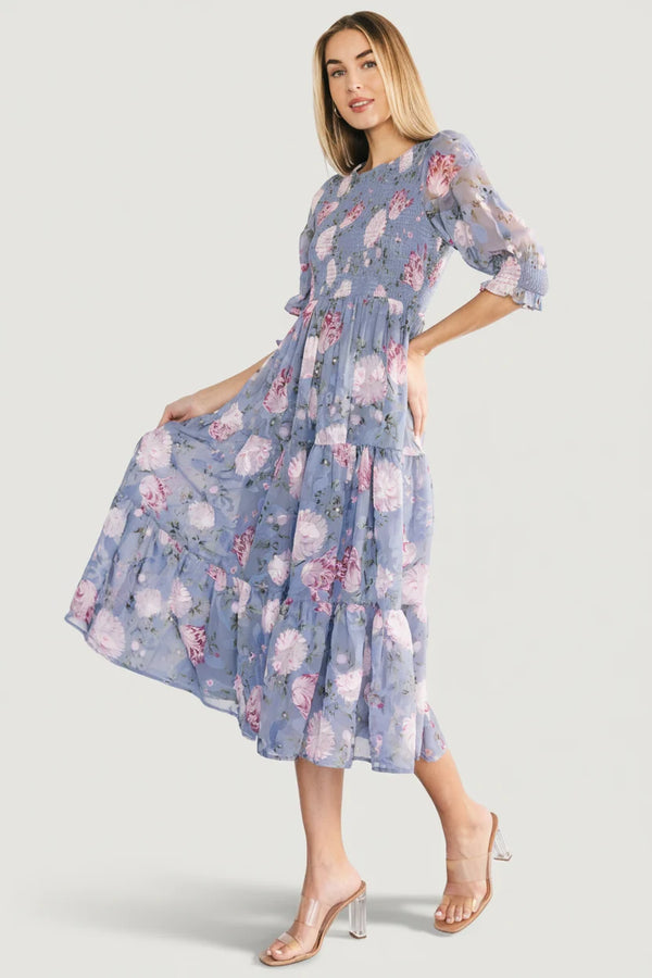 Nellie Smocked Midi Dress | Dusty Blue Floral