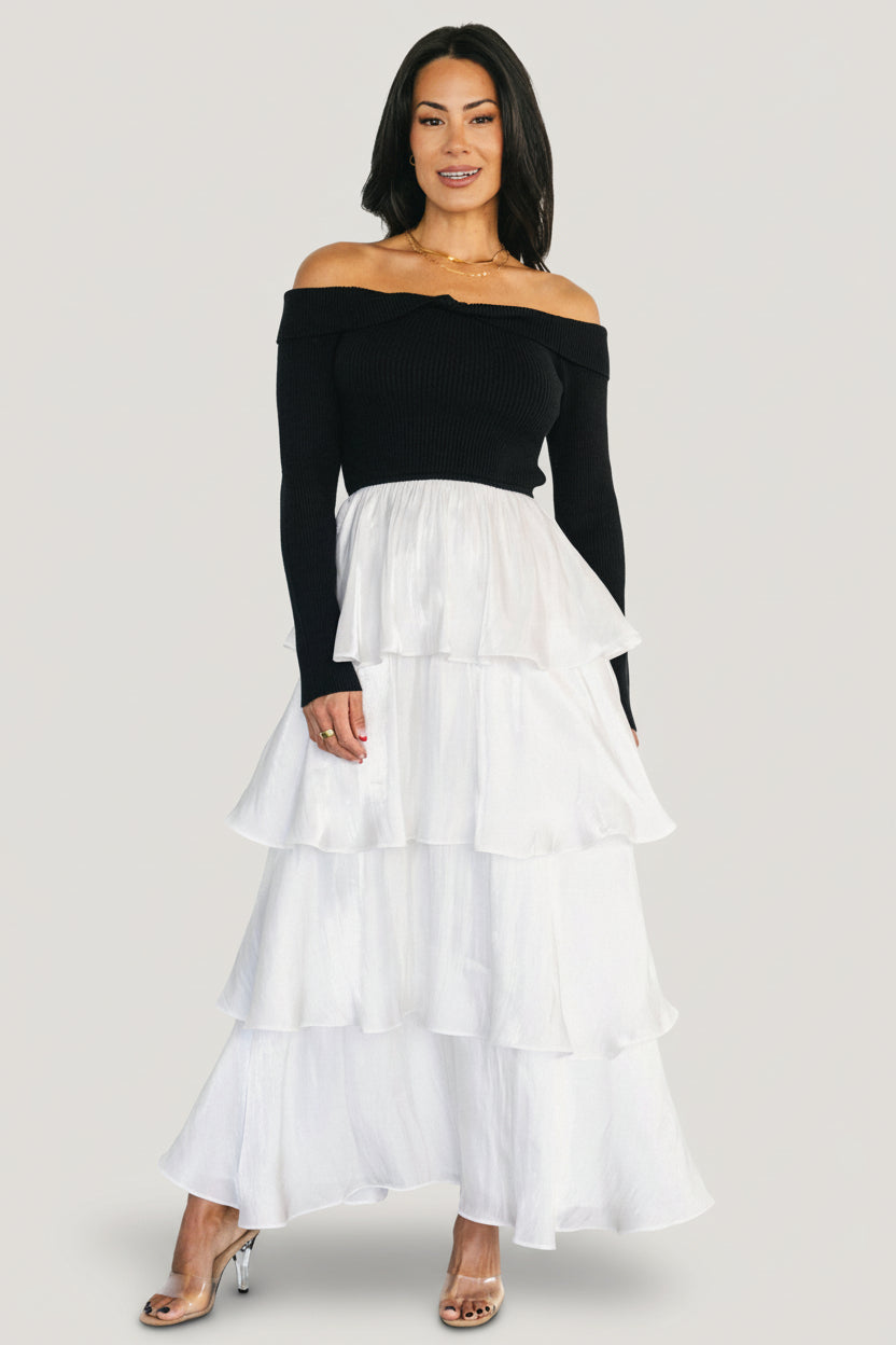 Maelie Tiered Maxi Dress | Black + White