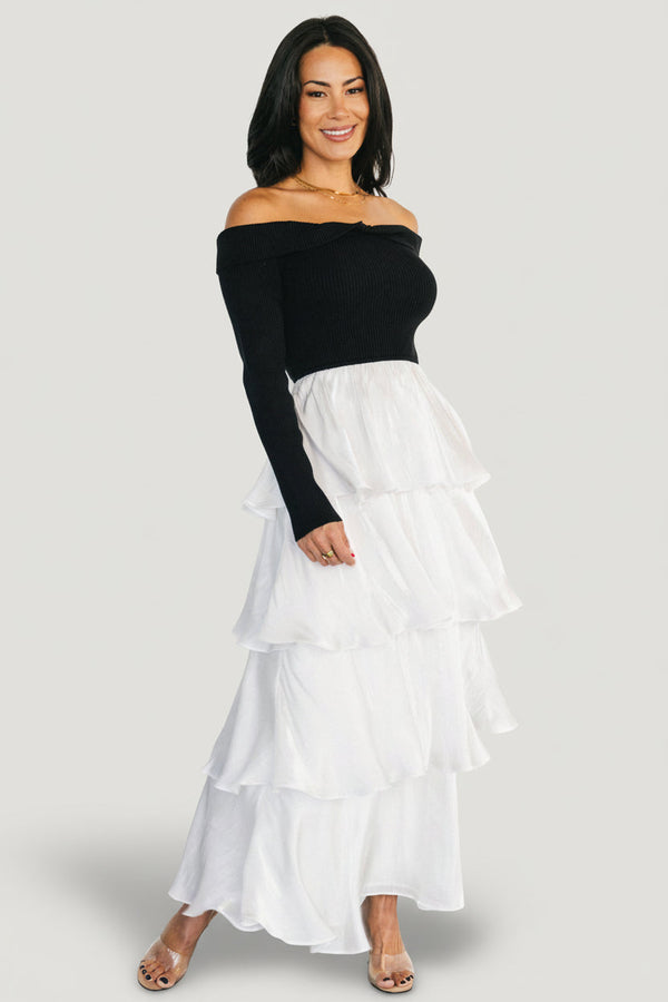 Maelie Tiered Maxi Dress | Black + White