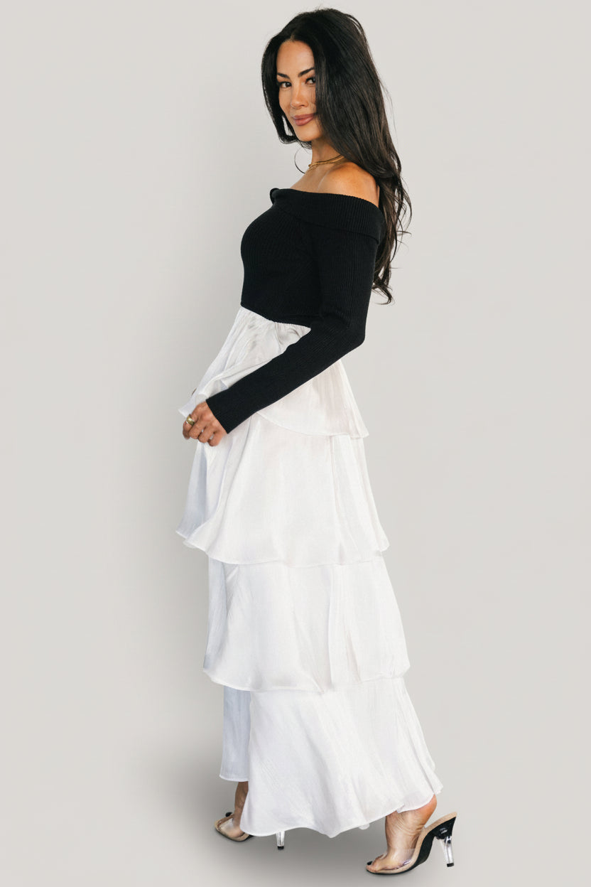 Maelie Tiered Maxi Dress | Black + White