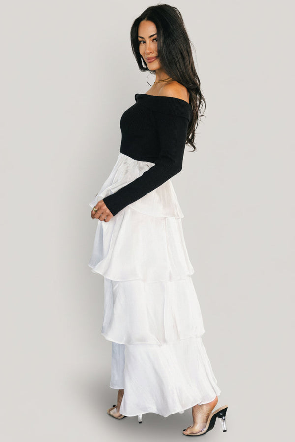 Maelie Tiered Maxi Dress | Black + White