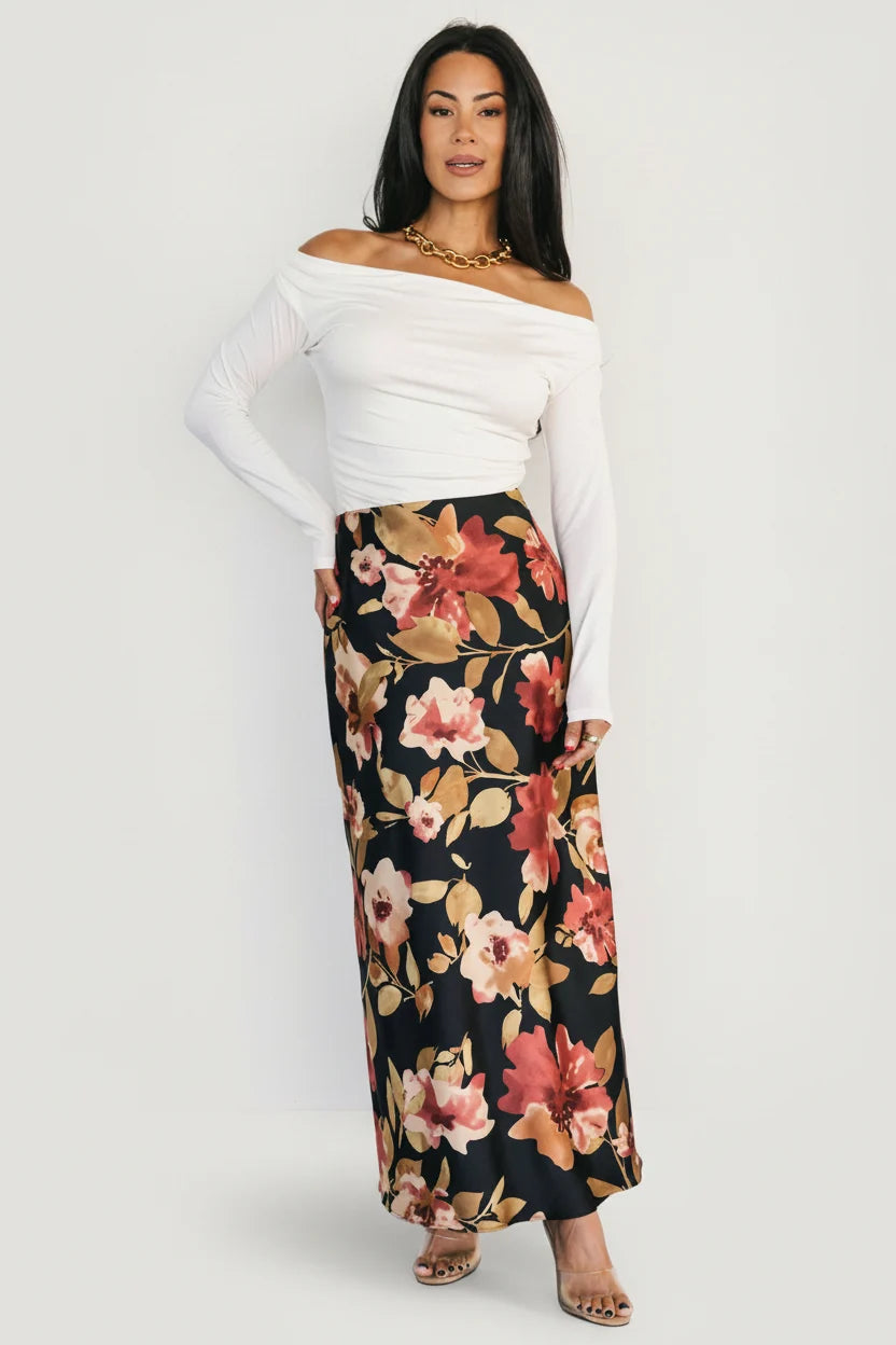 Cosette Satin Midi Skirt | Black Floral