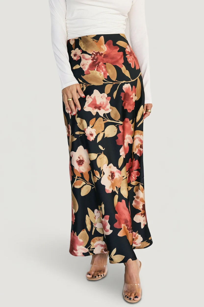 Cosette Satin Midi Skirt | Black Floral Main image