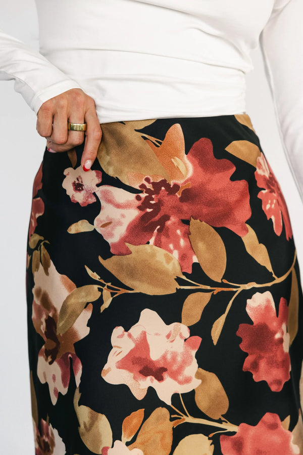 Cosette Satin Midi Skirt | Black Floral