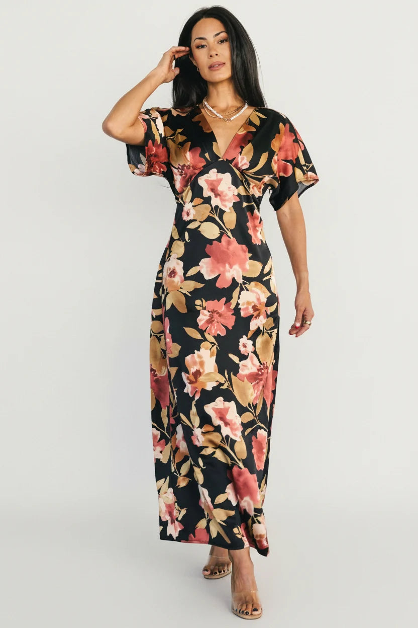 Milana Satin Maxi Dress | Black Floral Main image