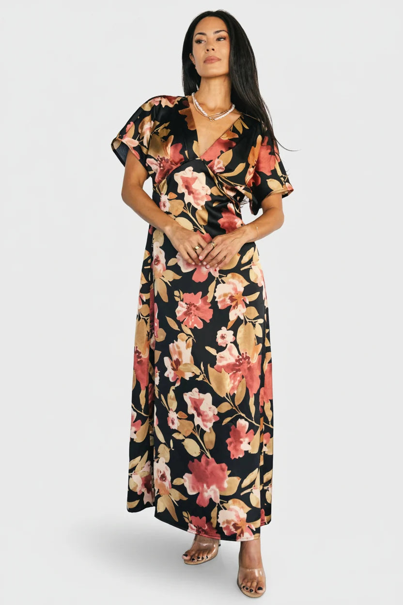 Milana Satin Maxi Dress | Black Floral