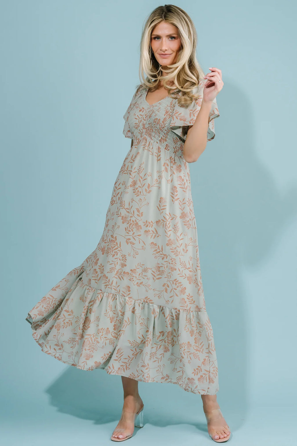 Monica Smocked Dress | Dusty Sage + Terracotta