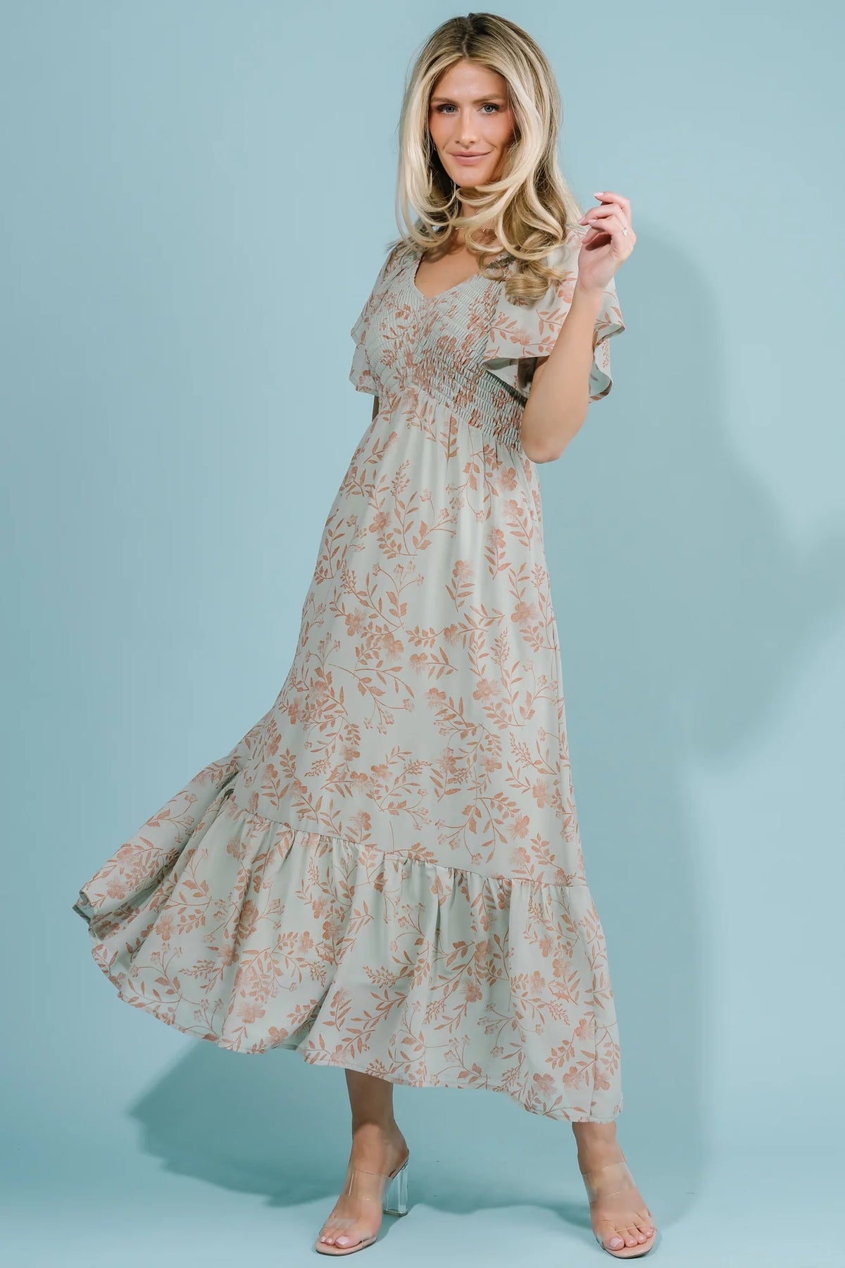 Monica Smocked Dress | Dusty Sage + Terracotta