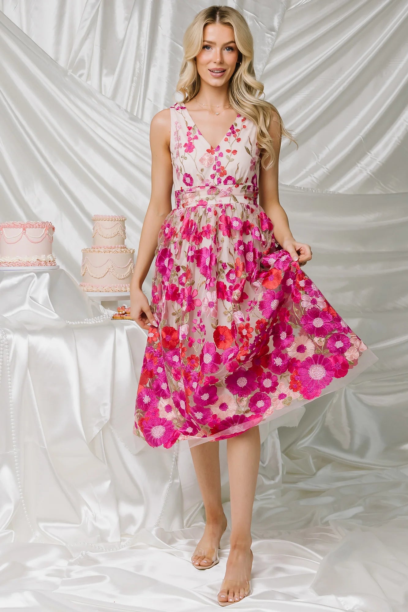 Lila Embroidered Midi Dress | Pink Floral Secondary image