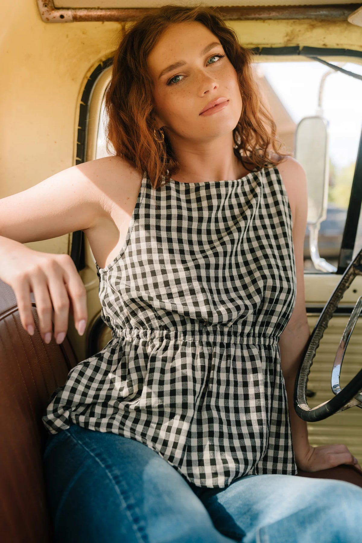 Lane Gingham Peplum Top | Black + Off White Main image