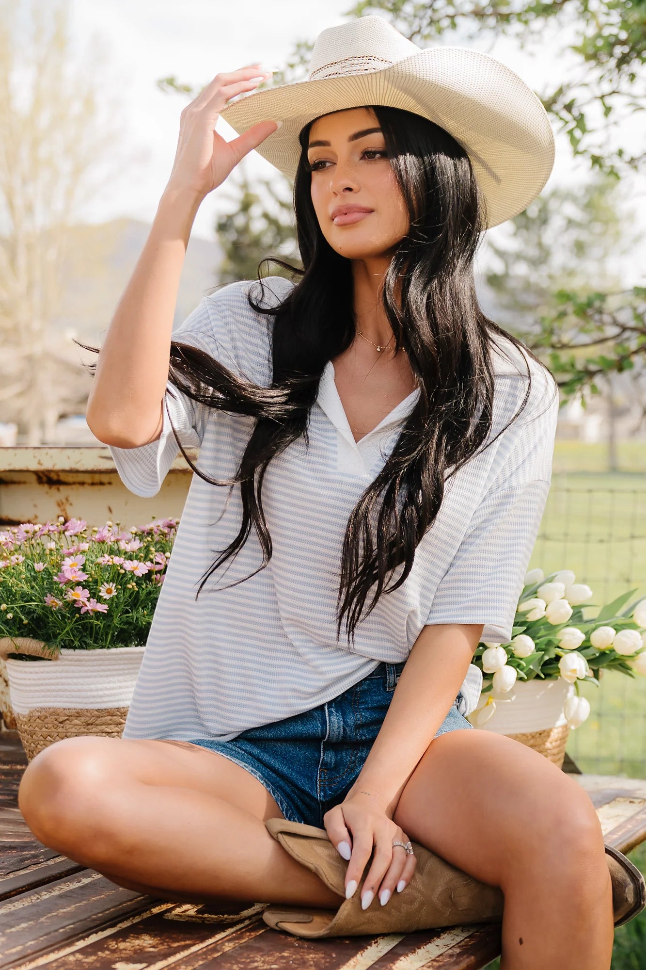 Billie Open Collar Top | Light Blue + White Secondary image