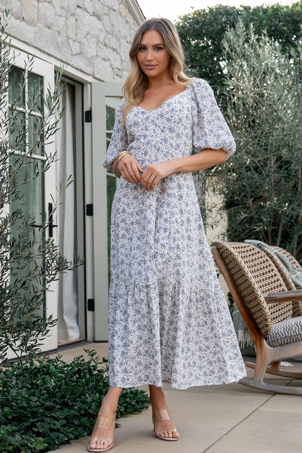 Elisabeth Button Dress | Off White + Blue Floral