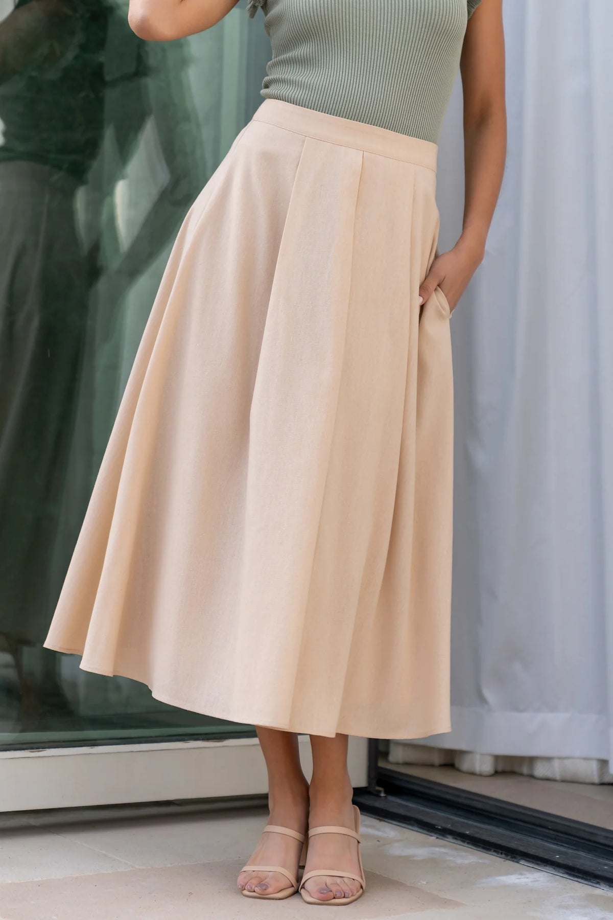 Katie Pleated Midi Skirt | Natural Main image