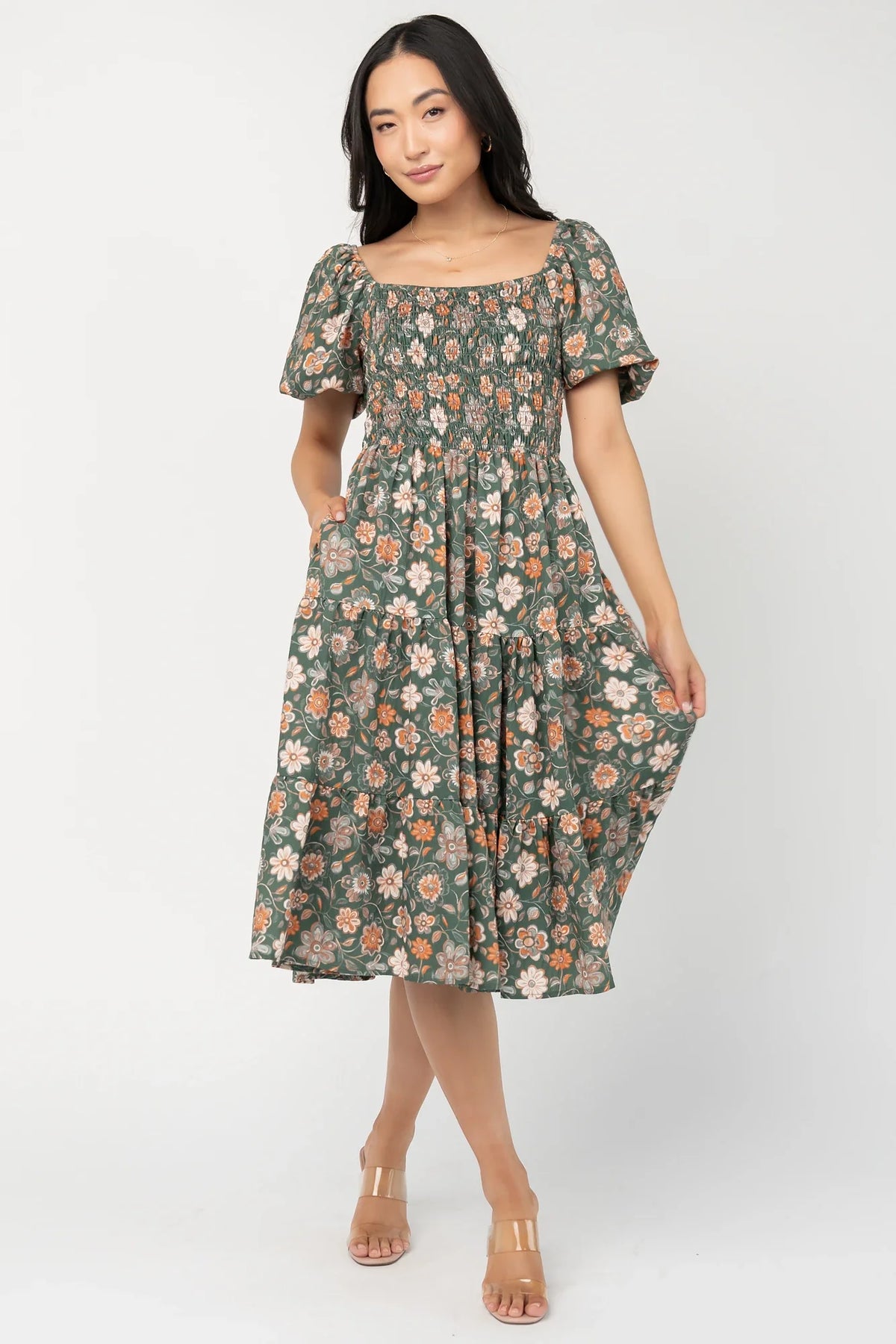 Mattea Smocked Midi Dress | Green Multi Main image