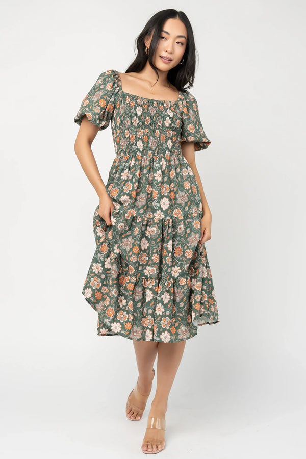 Mattea Smocked Midi Dress | Green Multi