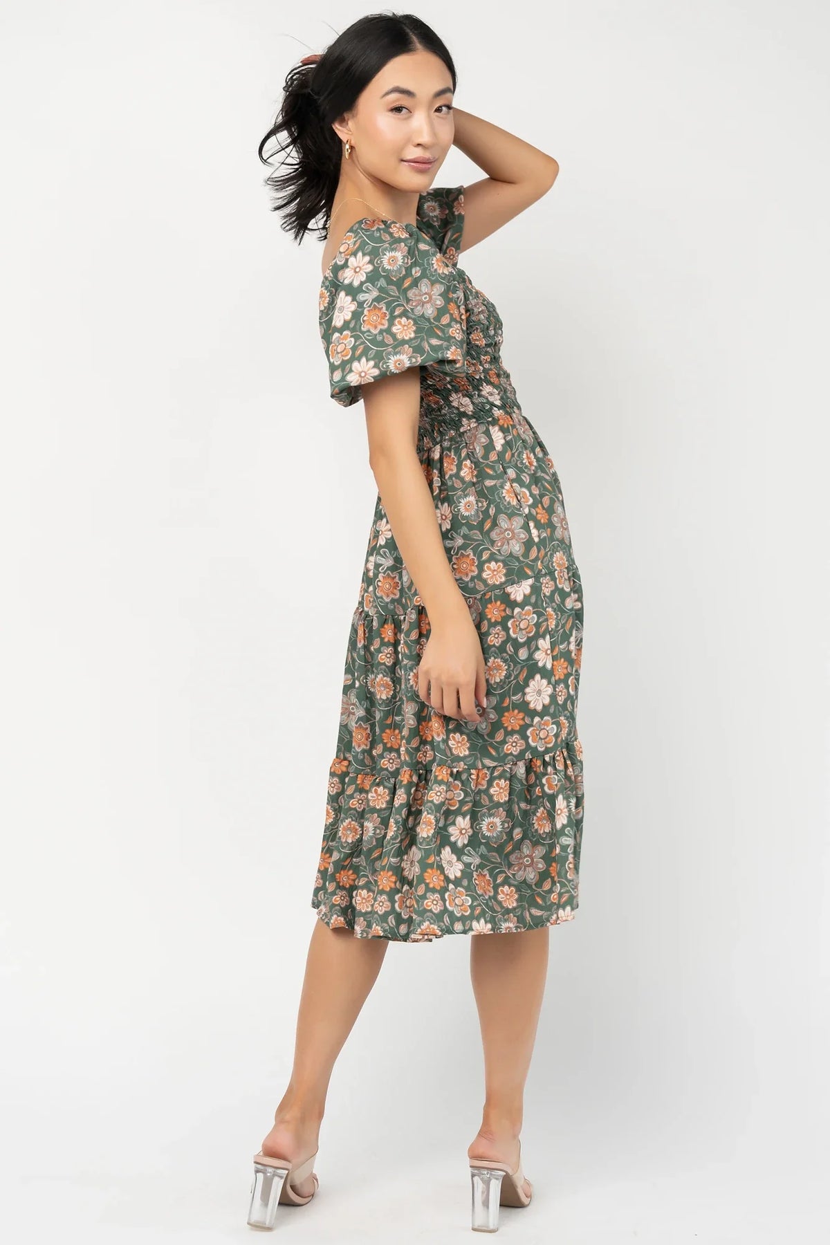 Mattea Smocked Midi Dress | Green Multi