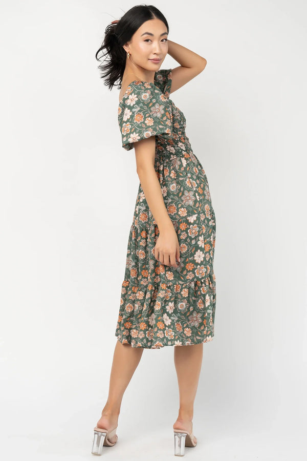 Mattea Smocked Midi Dress | Green Multi