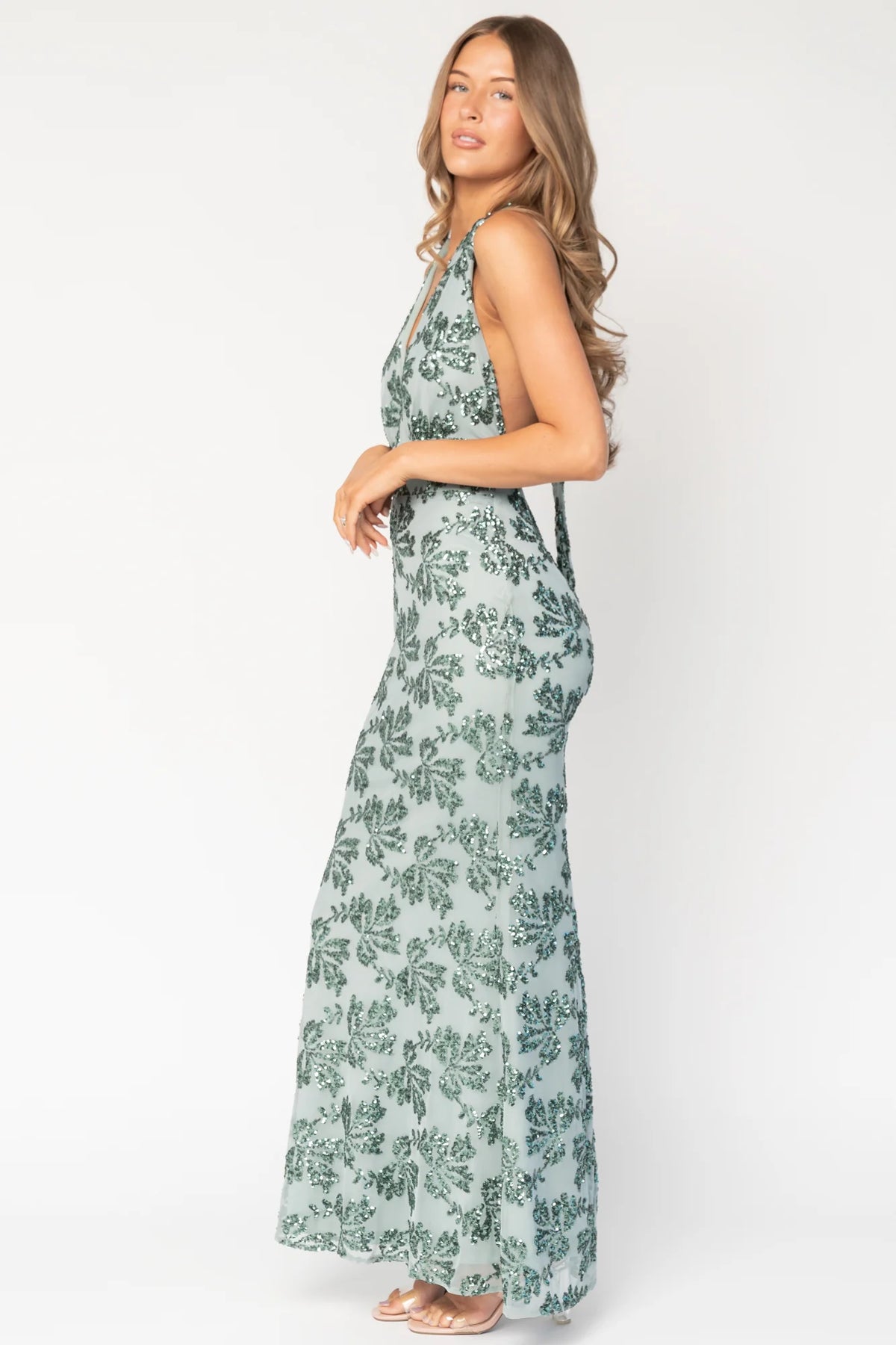 Gabriella Sequin Halter Gown | Eucalyptus