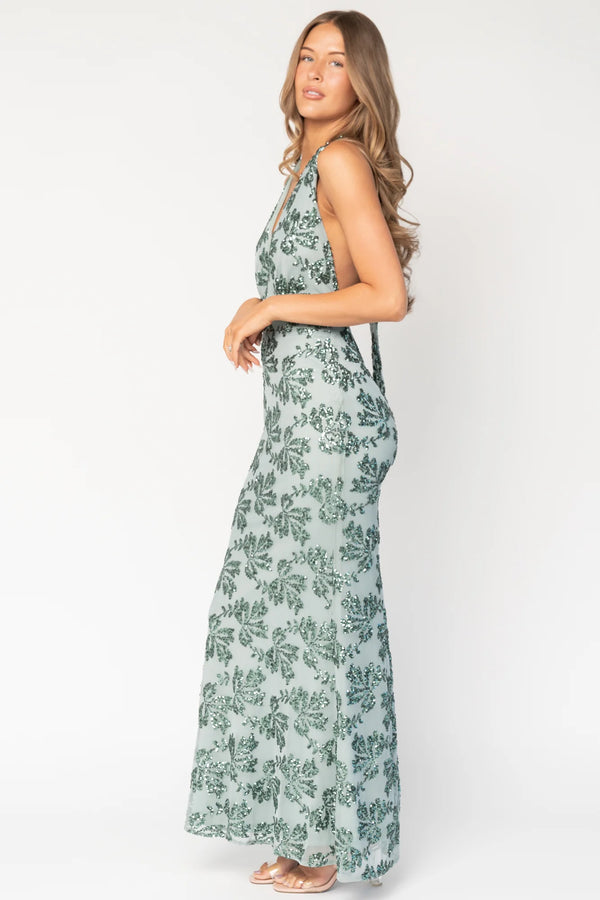 Gabriella Sequin Halter Gown | Eucalyptus