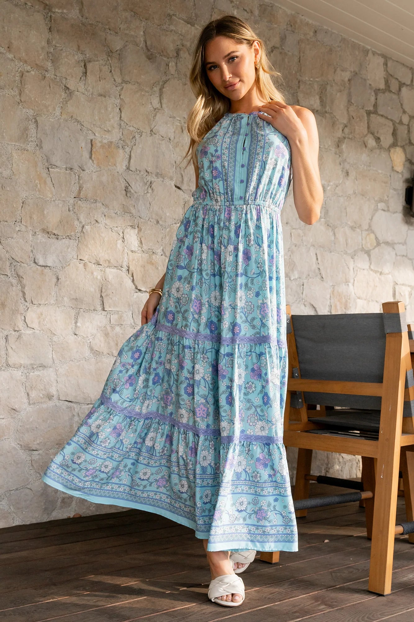 Meline Button Front Maxi Dress | Light Blue Multi Secondary image