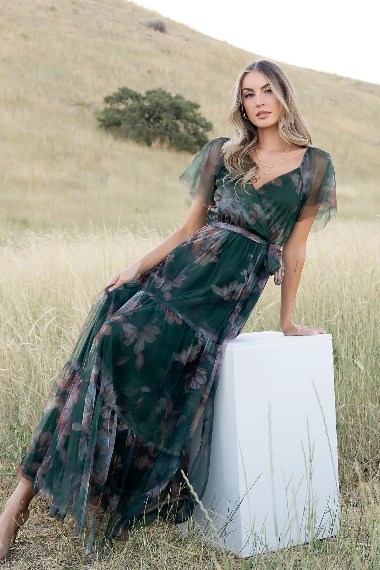 Nicola Tulle Maxi Dress | Deep Green Floral Secondary image