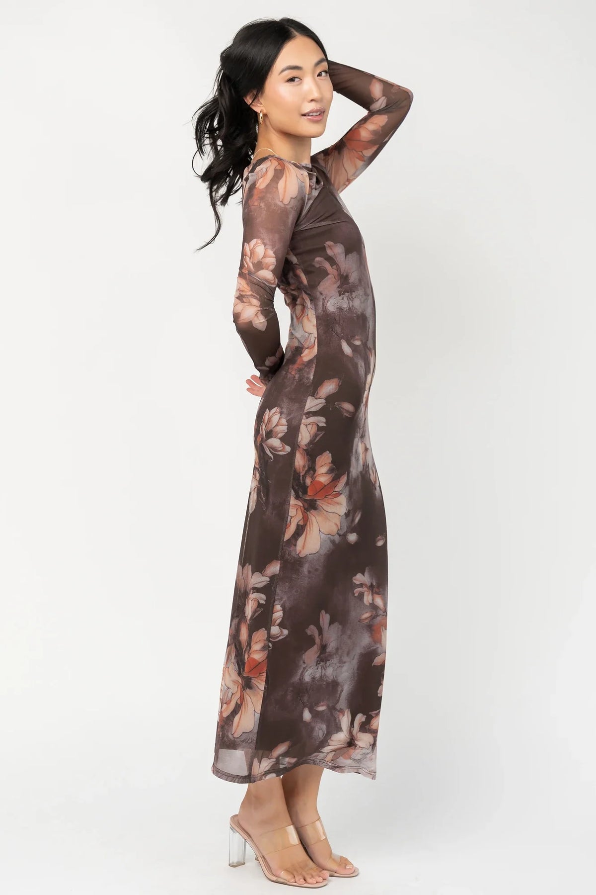 Darya Mesh Midi Dress | Brown Floral