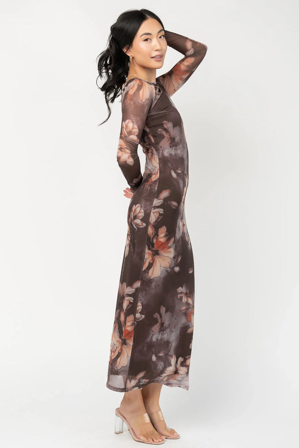 Darya Mesh Midi Dress | Brown Floral