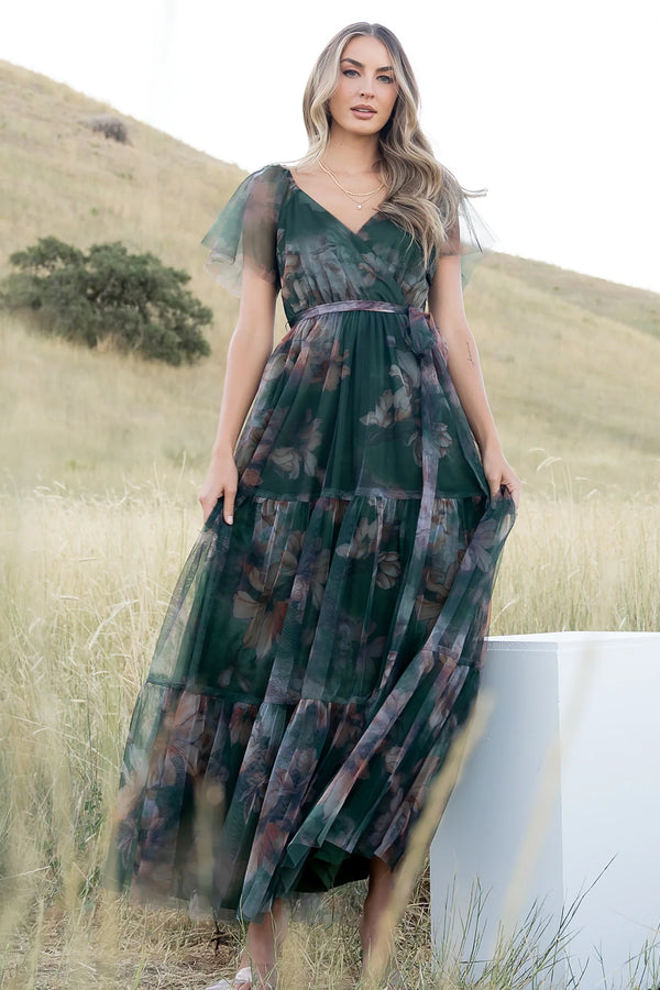 Nicola Tulle Maxi Dress | Deep Green Floral