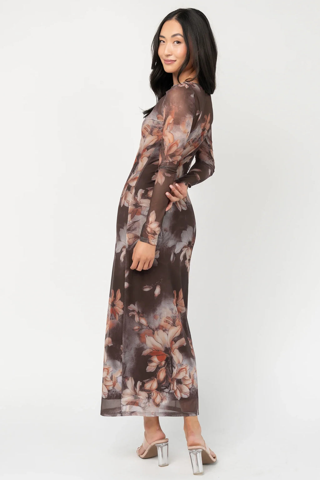 Darya Mesh Midi Dress | Brown Floral