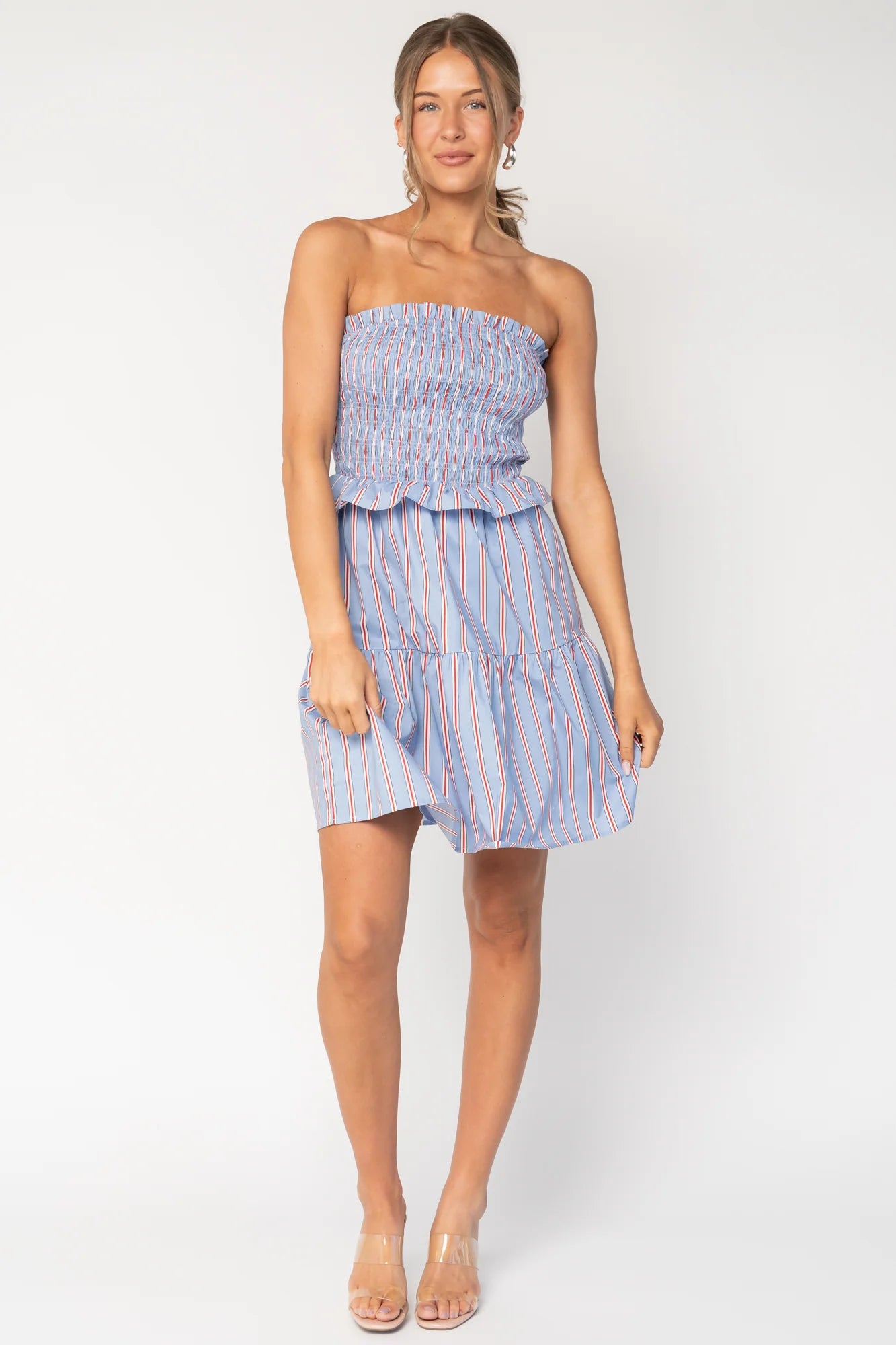 Madelyn Strapless Short Dress | Light Blue Stripe Secondary image