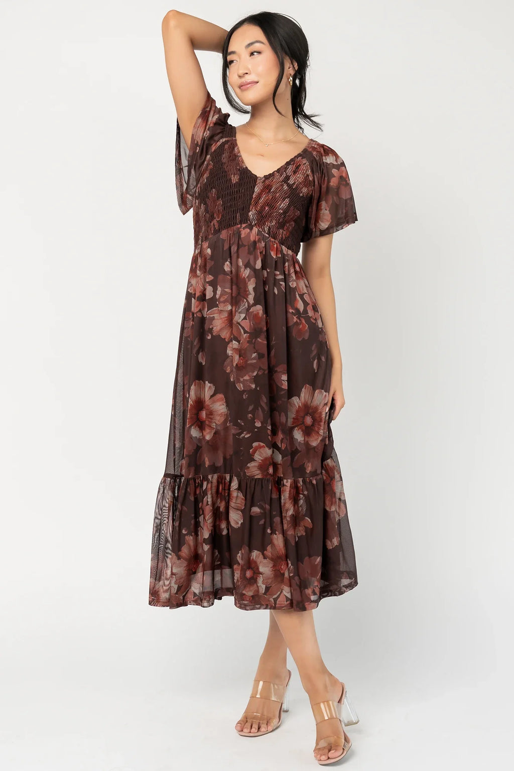 Livia Mesh Midi Dress | Brown + Rust Floral