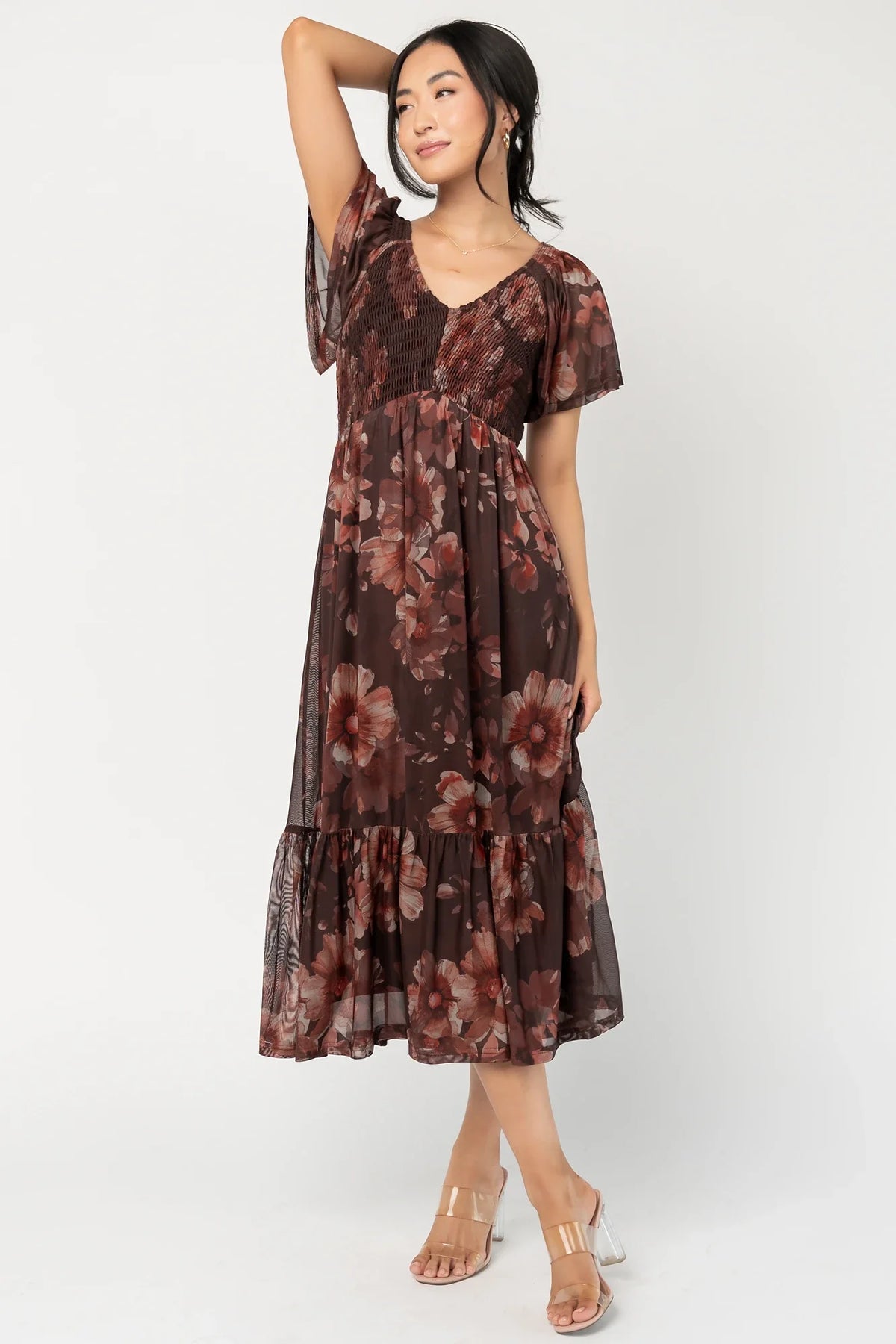 Livia Mesh Midi Dress | Brown + Rust Floral Main image