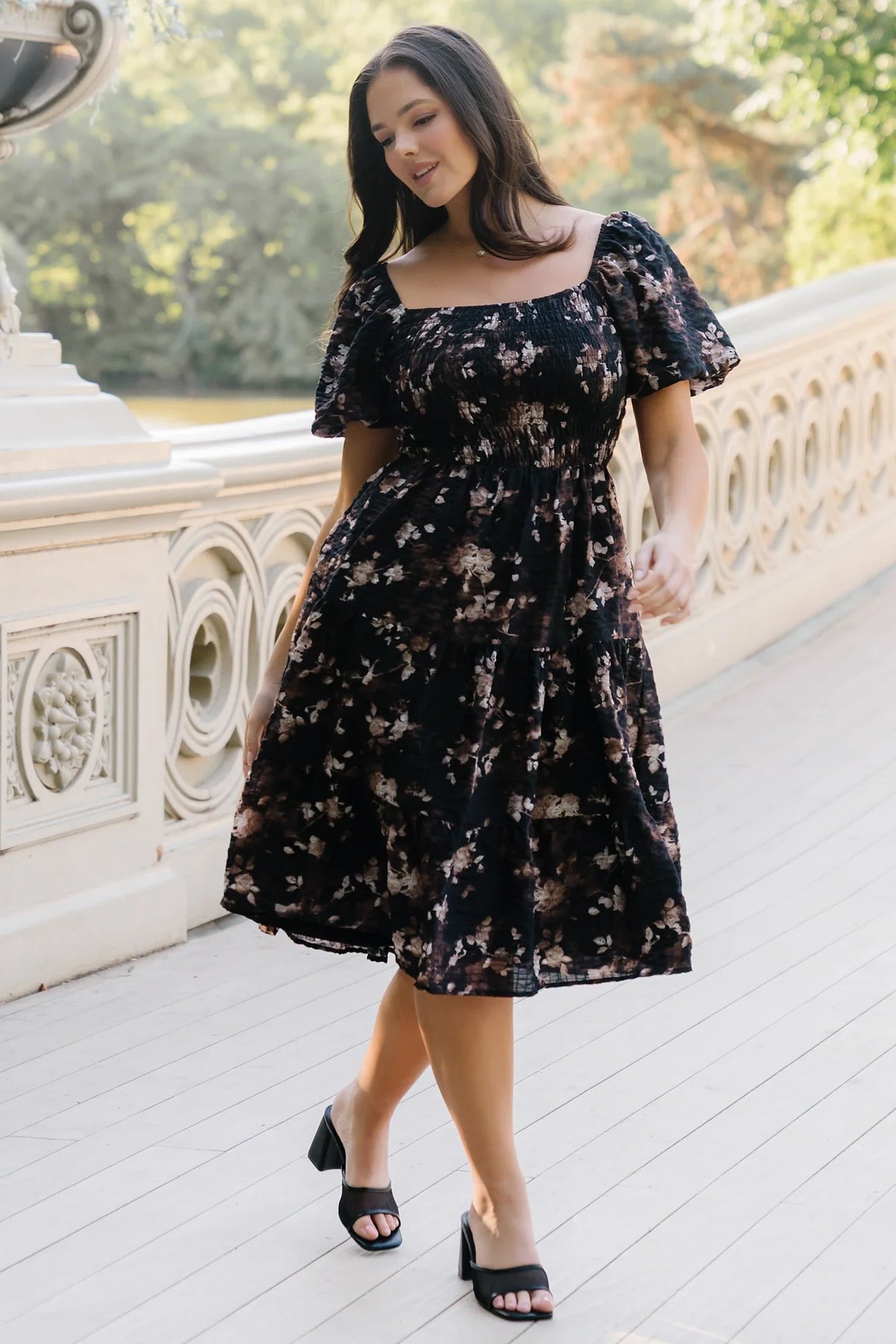 Mattea Smocked Midi Dress | Black Floral Main image
