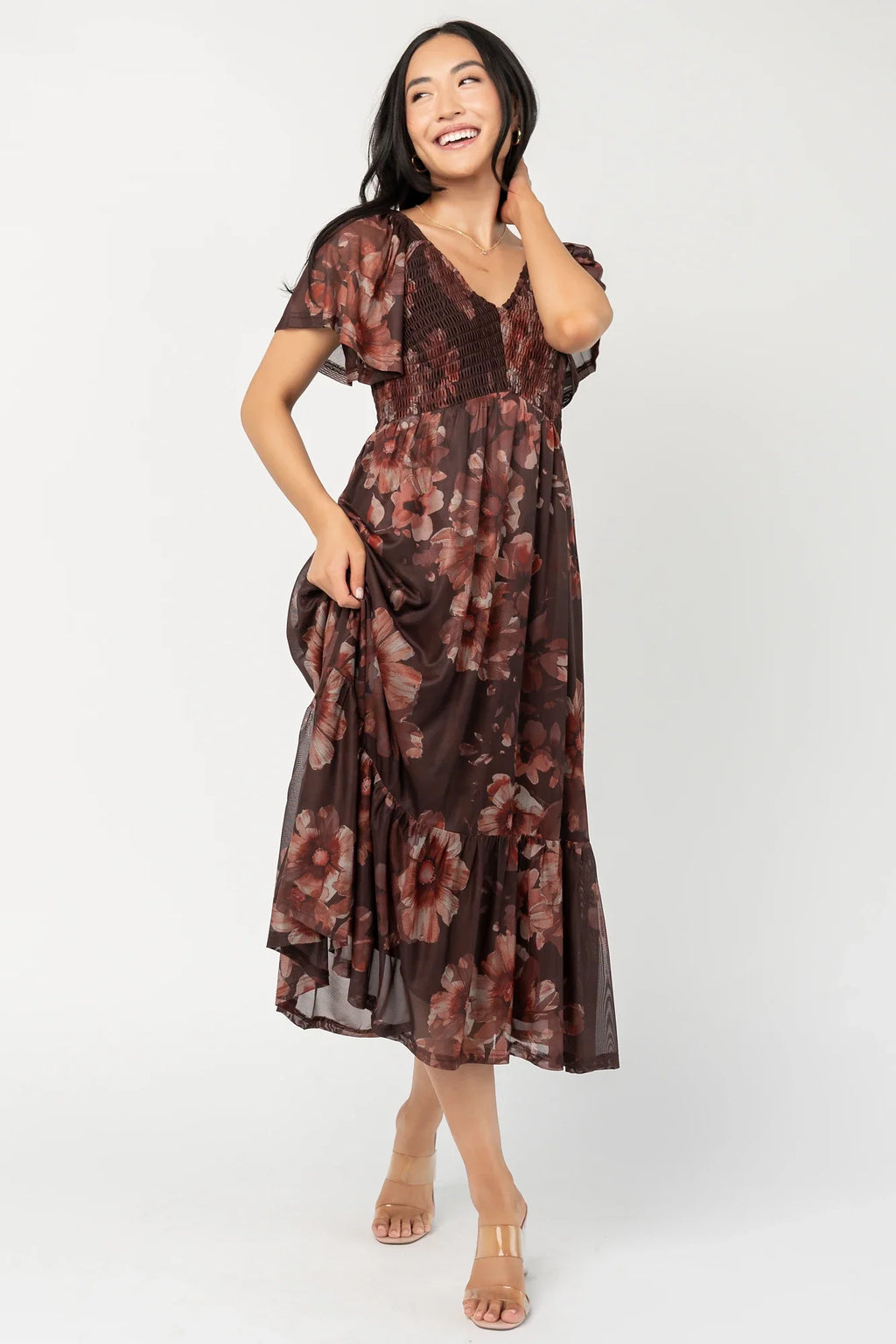 Livia Mesh Midi Dress | Brown + Rust Floral