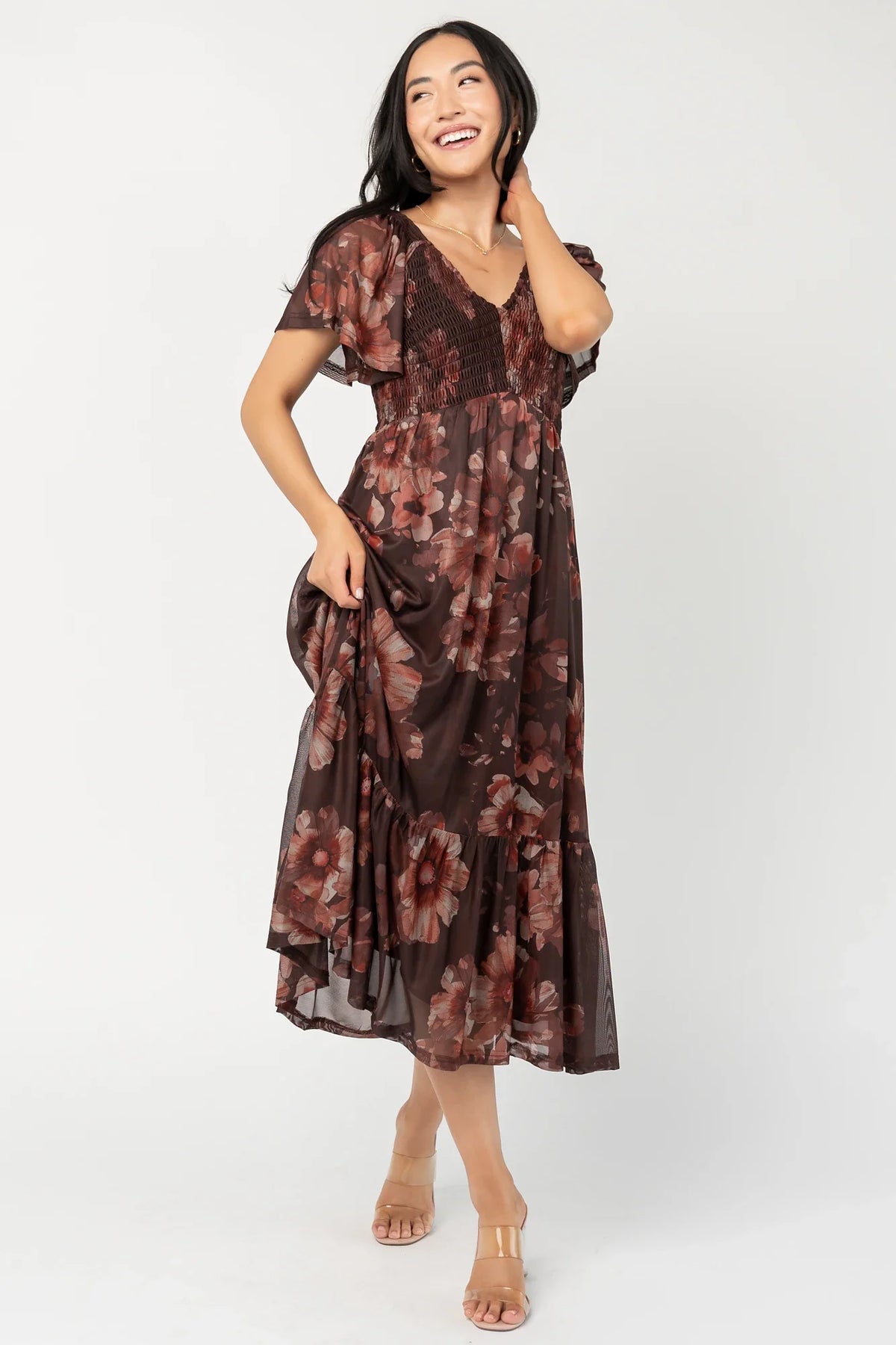 Livia Mesh Midi Dress | Brown + Rust Floral