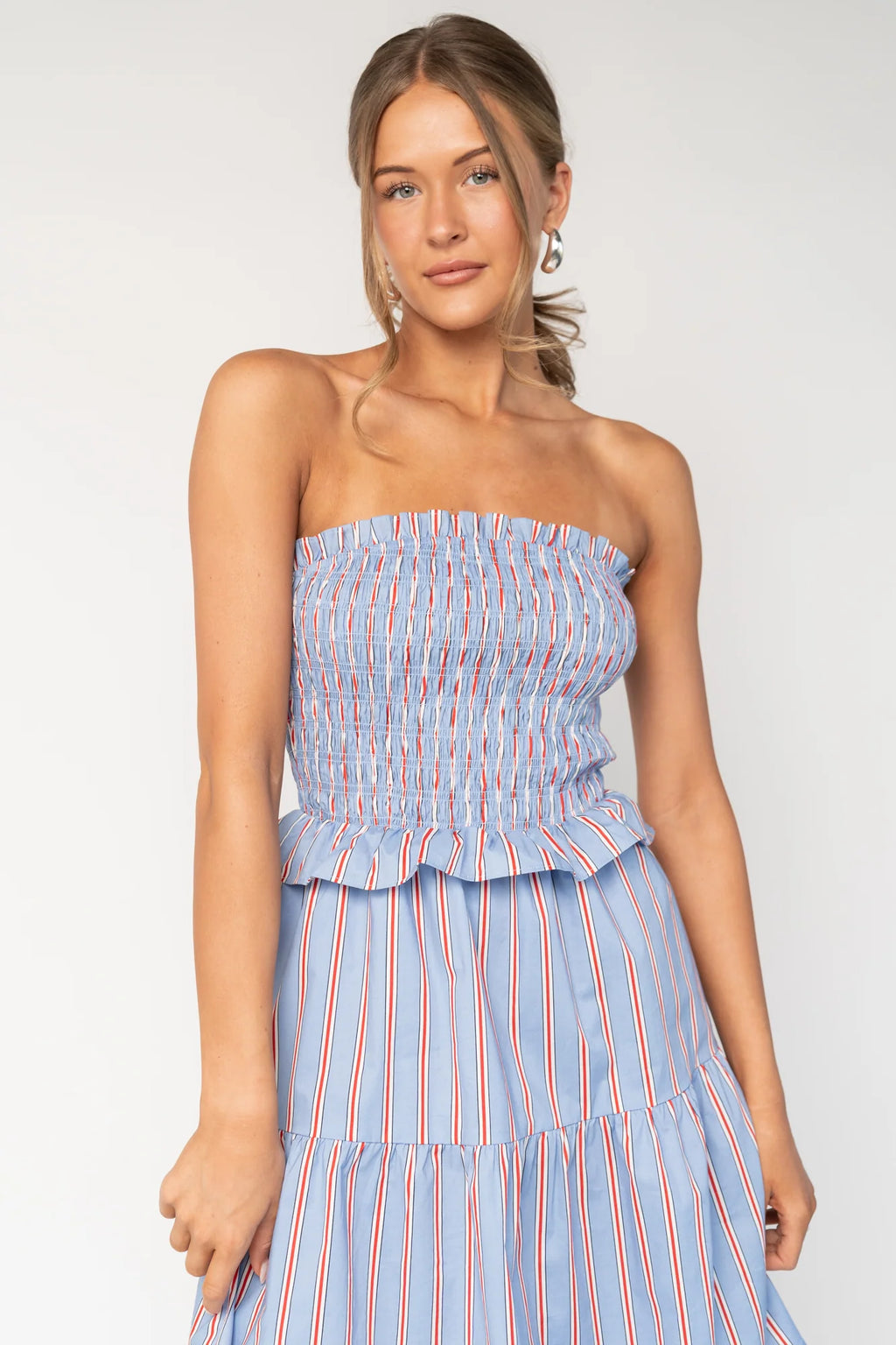 Madelyn Strapless Short Dress | Light Blue Stripe