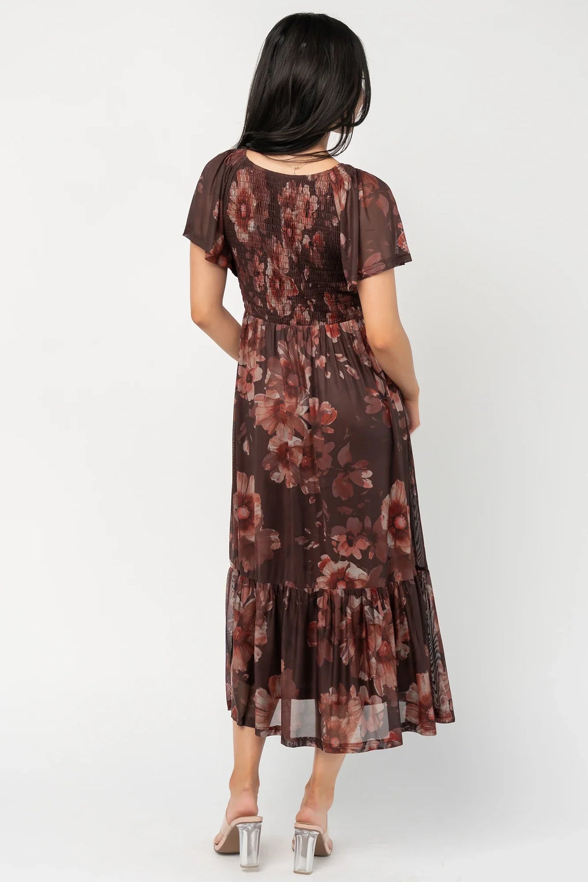 Livia Mesh Midi Dress | Brown + Rust Floral