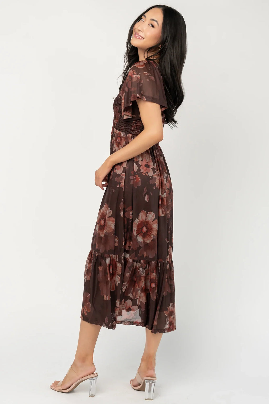 Livia Mesh Midi Dress | Brown + Rust Floral