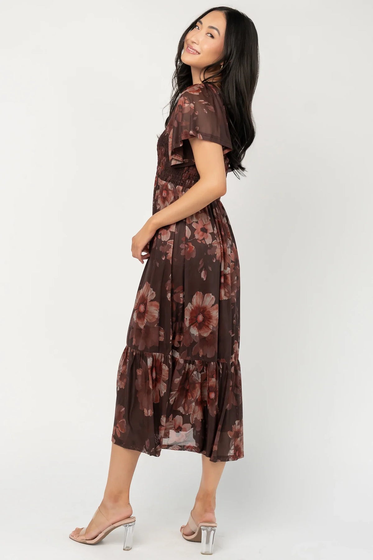 Livia Mesh Midi Dress | Brown + Rust Floral