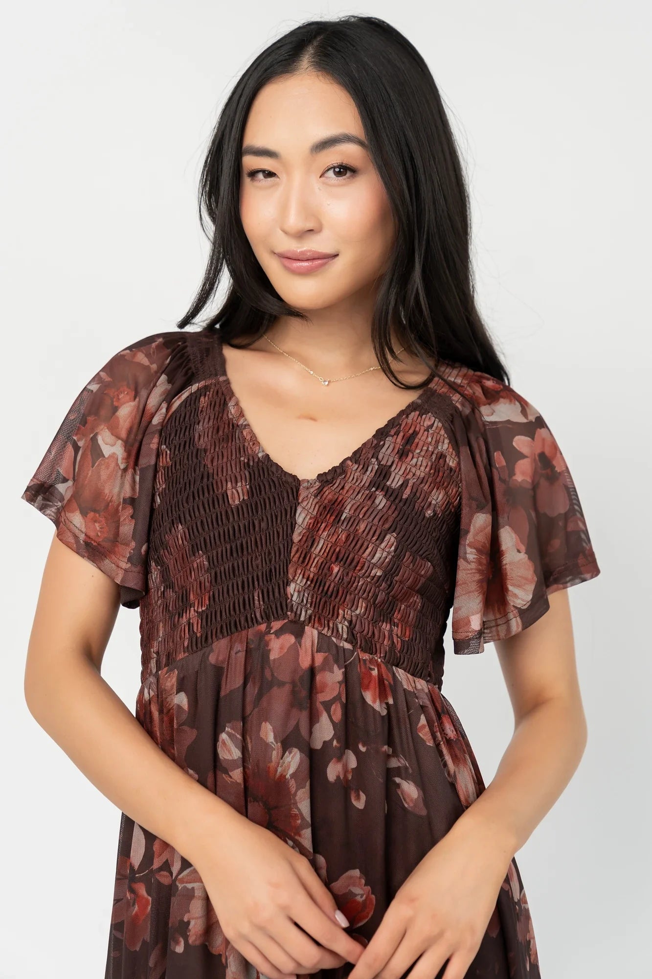 Livia Mesh Midi Dress | Brown + Rust Floral Secondary image
