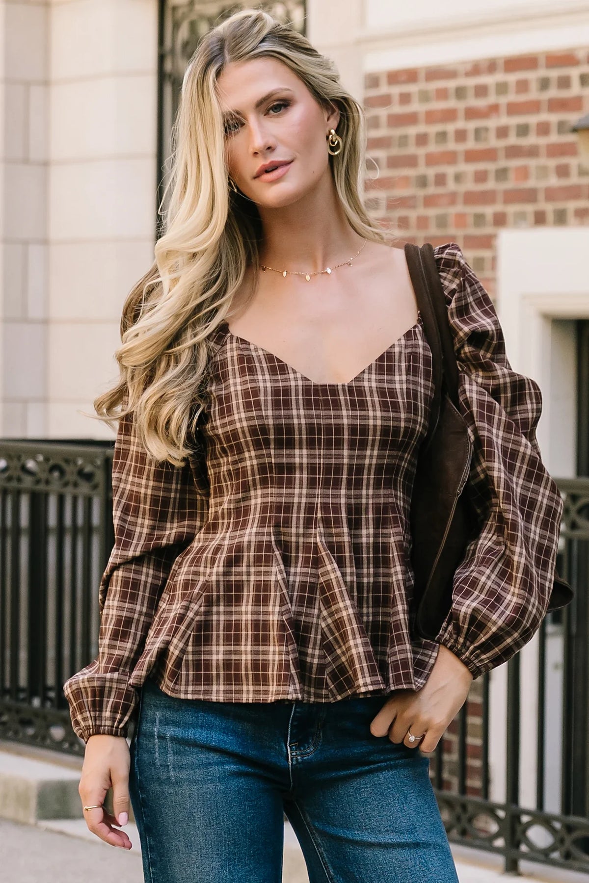 Sutton Peplum Top | Brown Plaid Print Main image