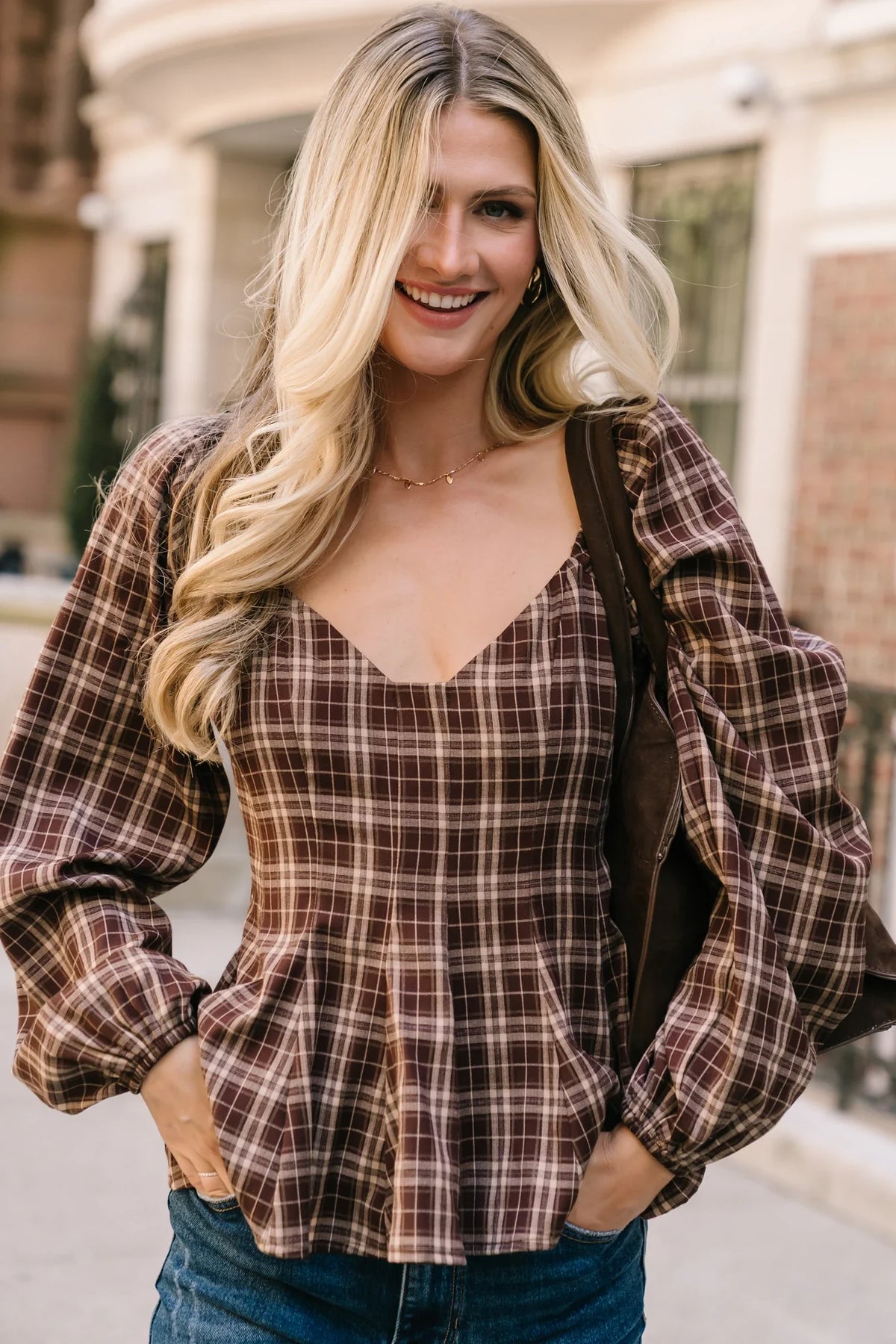 Sutton Peplum Top | Brown Plaid Print