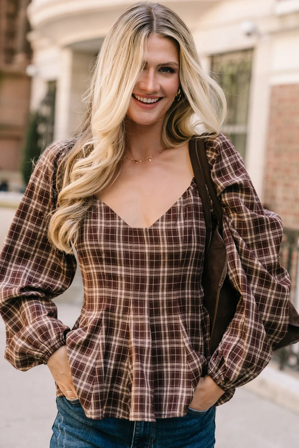 Sutton Peplum Top | Brown Plaid Print