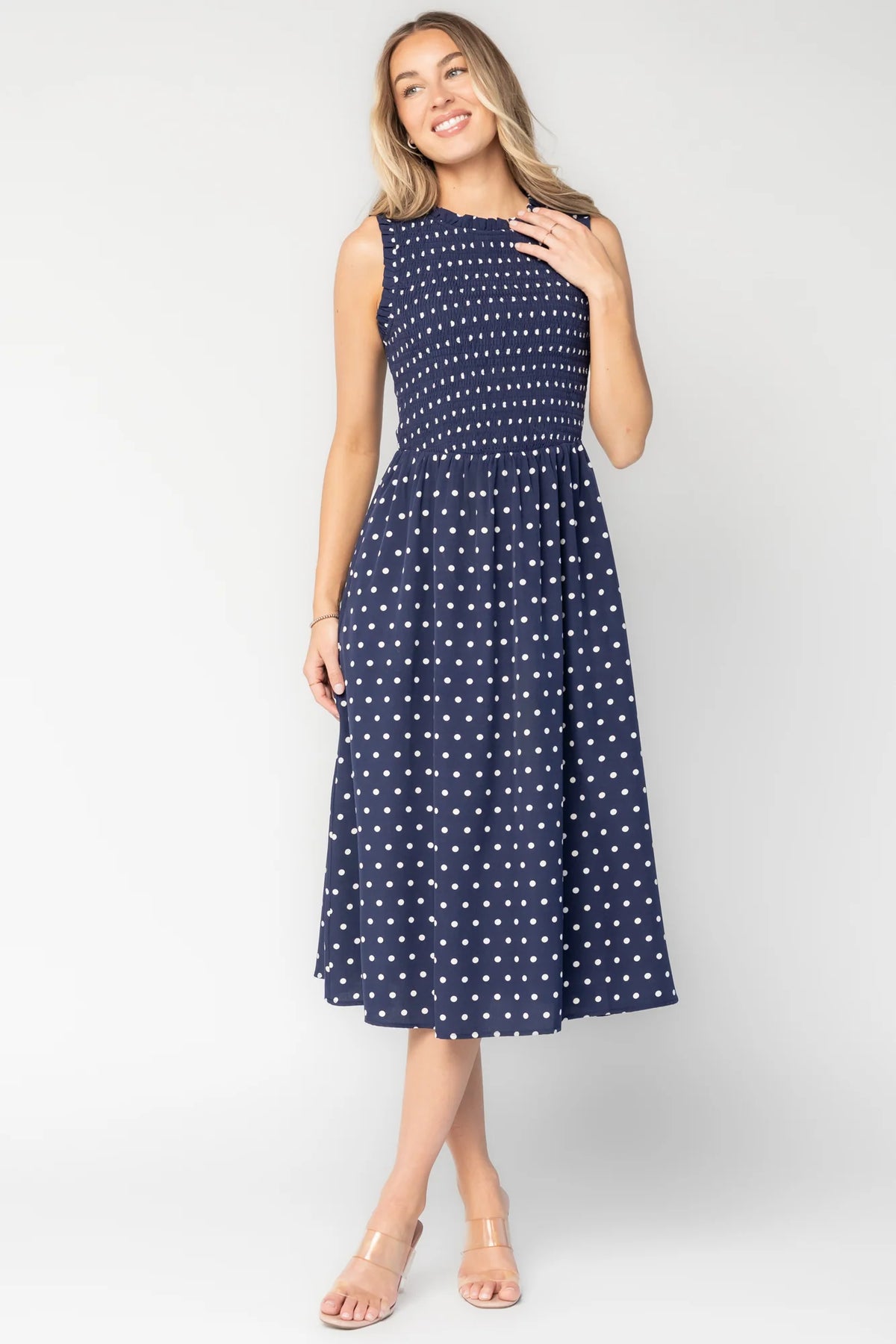 Alex Smocked Midi Dress | Navy Dot Main image