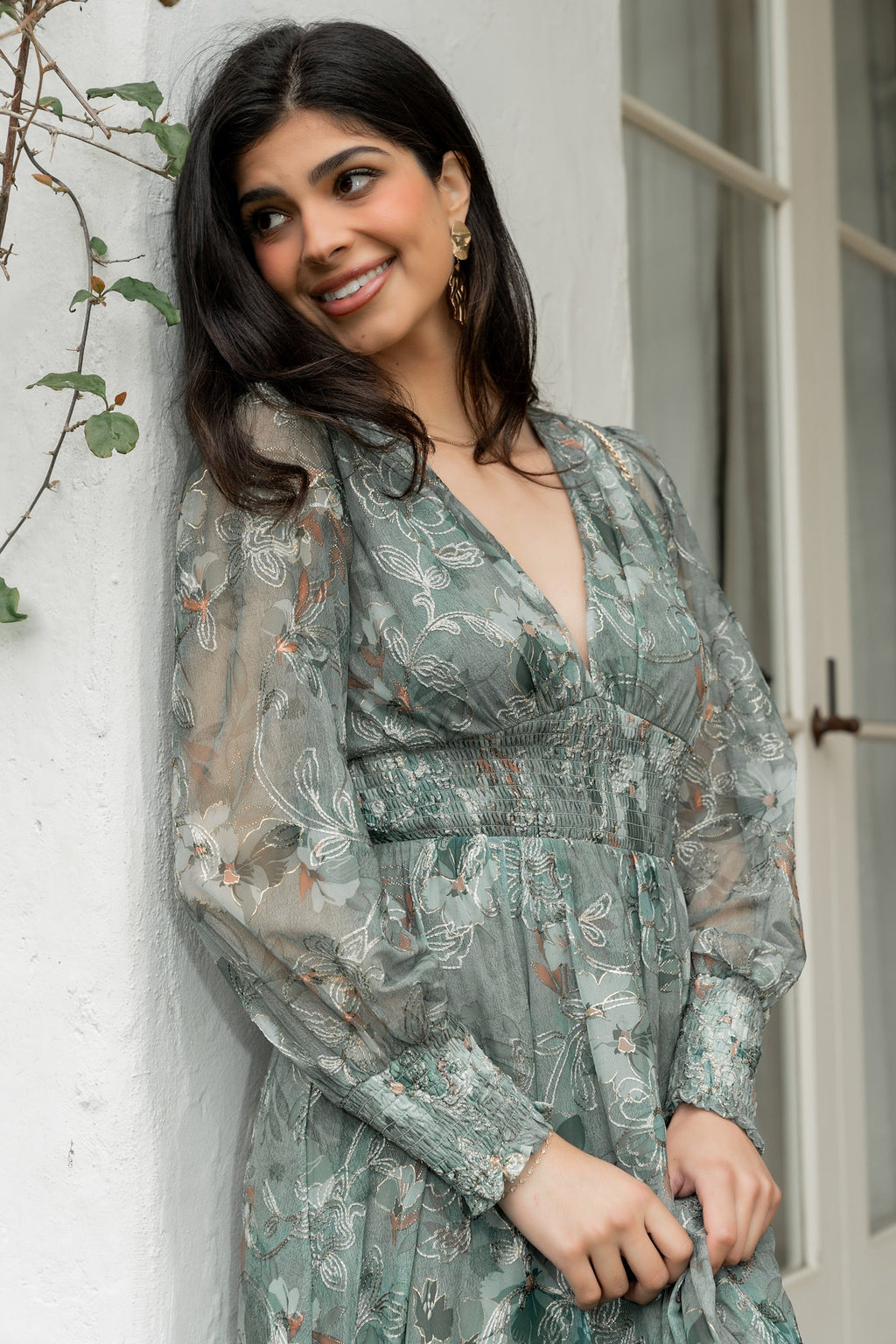 Jolie Embroidered Tulle Dress | Sage + Gold Floral