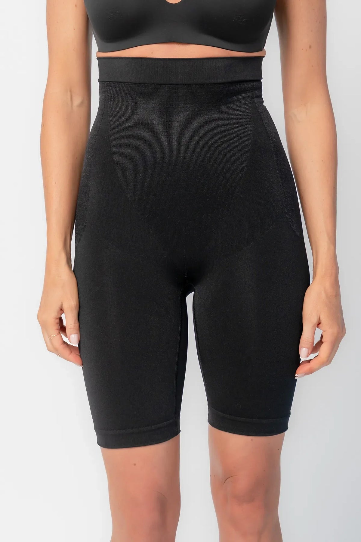 Essential High Waisted Mid Thigh Shorts | Black Main image