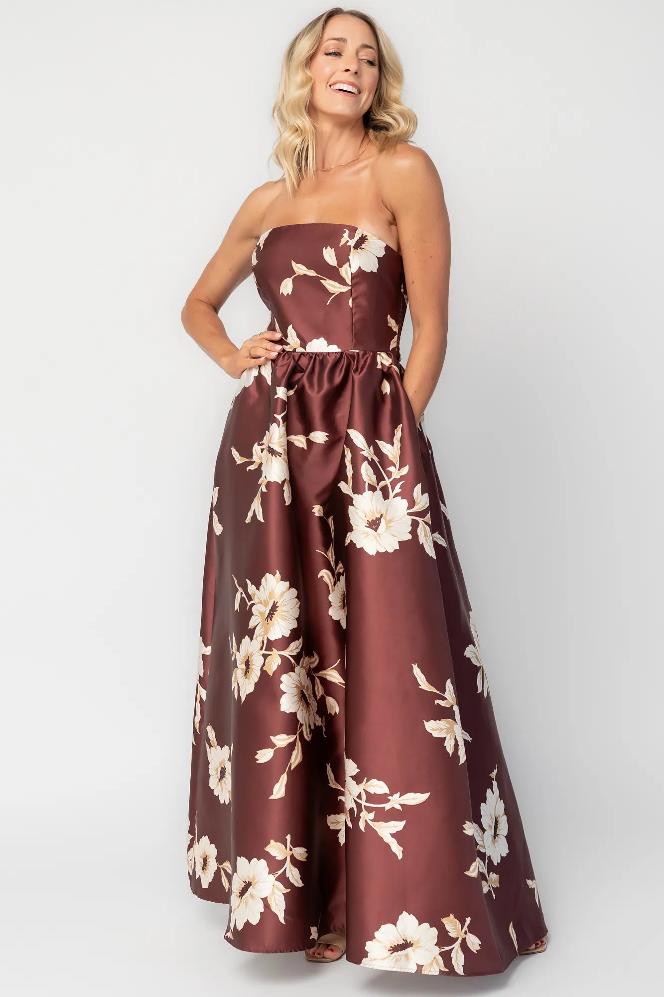 Rosette Strapless Maxi Gown | Mahogany Floral Secondary image